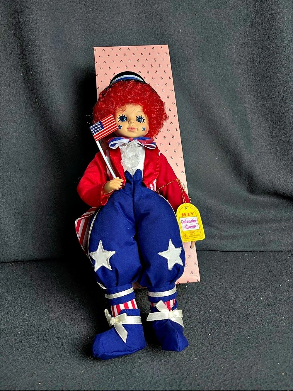 Vintage Brinn’s 1988 July Calendar Clown Doll Uncle Sam Patriotic w/ Box Tag
